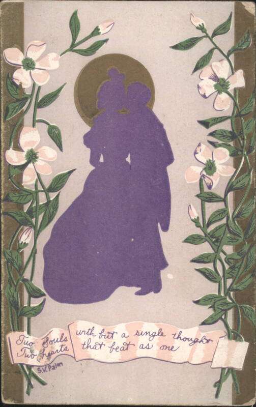 Romantic Silhouette Couple with Halo & Flowers, 'Two Souls Two Hearts'