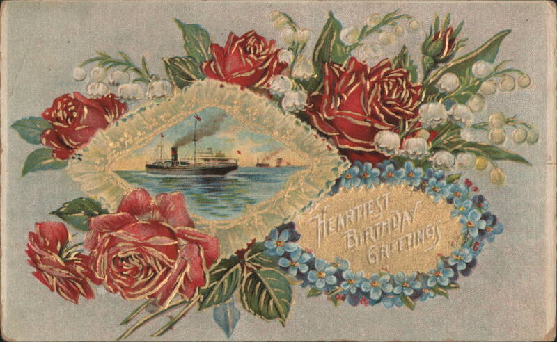 Heartiest Birthday Greeting with Red Roses, Forget-Me-Nots & Landscape Scene