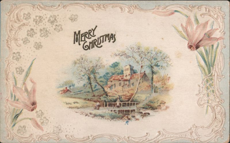 Merry Christmas with Village Church Scene and Pink Flowers