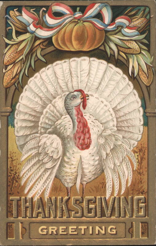 Thanksgiving Greeting with Turkey, Pumpkin, Corn, and Patriotic Ribbon
