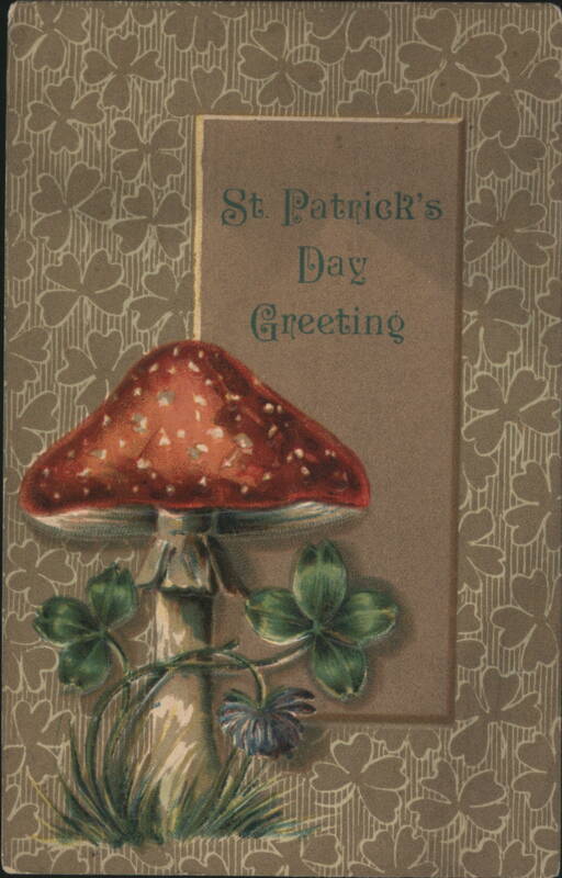 St. Patrick's Day Greeting with Red Mushroom and Shamrocks