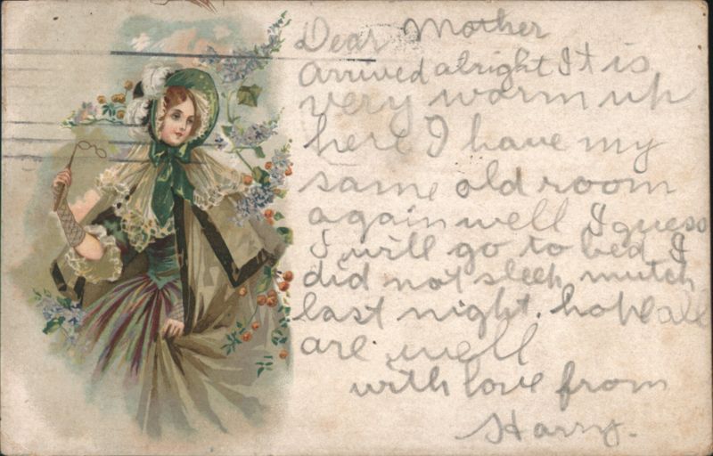 Colonial Girl in Green Dress and Bonnet with Flowers