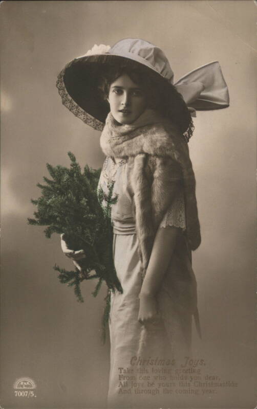 Woman in Fur Stole and Large Hat with Christmas Tree, Christmas Joys Greeting