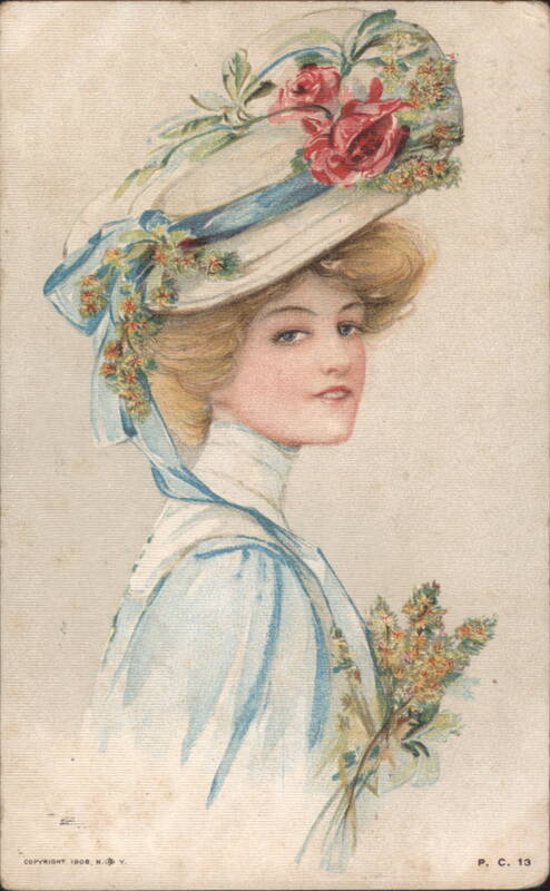 Elegant Woman in Floral Hat with Red Roses & Blue Ribbons, 1908 Illustration