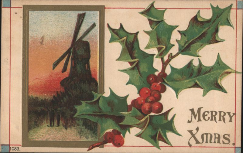 Merry Christmas Holly and Windmill Scene