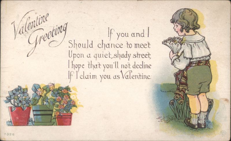 Valentine Greeting with Boy Holding Flowers and Poem