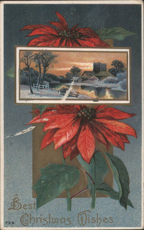 Poinsettias & Winter Landscape with Castle, Best Christmas Wishes