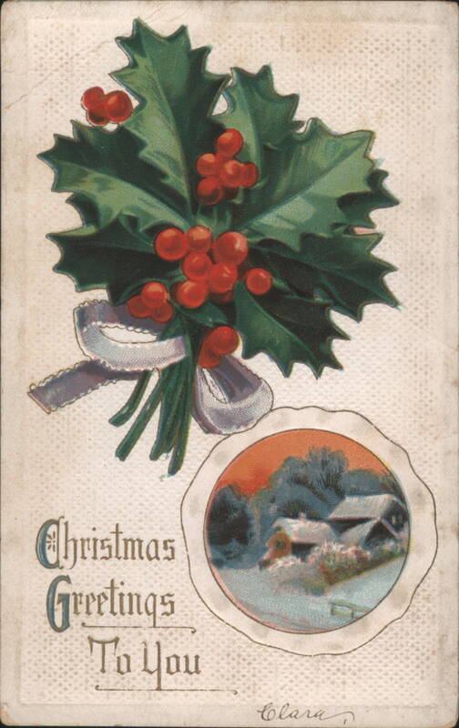 Christmas Greetings Holly Berries Winter Landscape