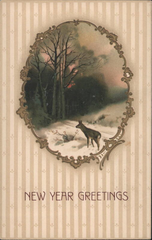 New Year Greetings with Deer in Winter Forest