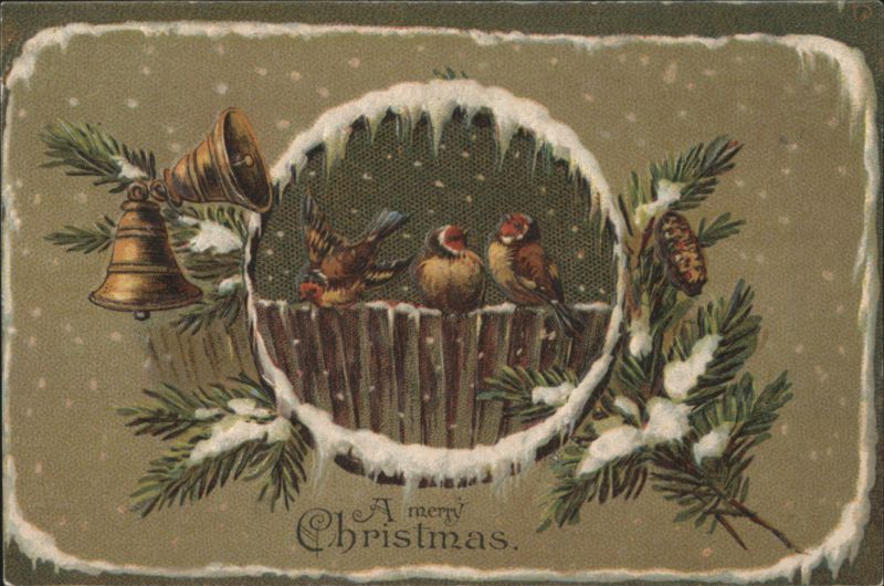 Three Birds in Snowy Basket with Bells, A Merry Christmas