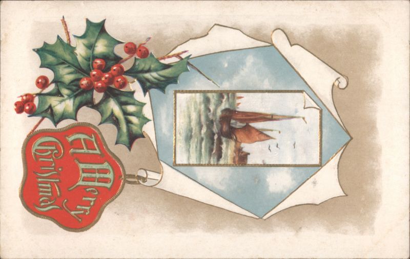 A Merry Christmas Holly and Berries with Sailboat Scene