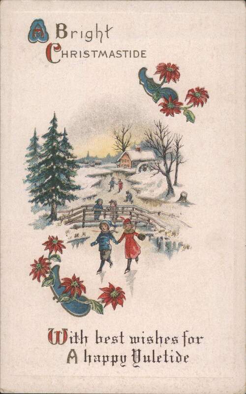 Bright Christmastide Happy Yuletide Children Ice Skating Winter Scene Poinsettias