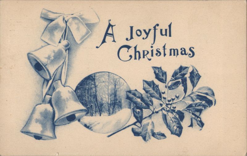 A Joyful Christmas Greeting with Bells, Holly, and Winter Landscape