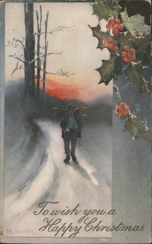 Christmas Greeting with Man Carrying Firewood on Snowy Path, Odette Series