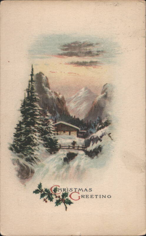 Winter Mountain Scene with Cabin, Christmas Greeting