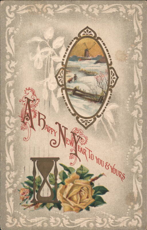 A Happy New Year To You & Yours with Winter Windmill Scene, Rose, Hourglass