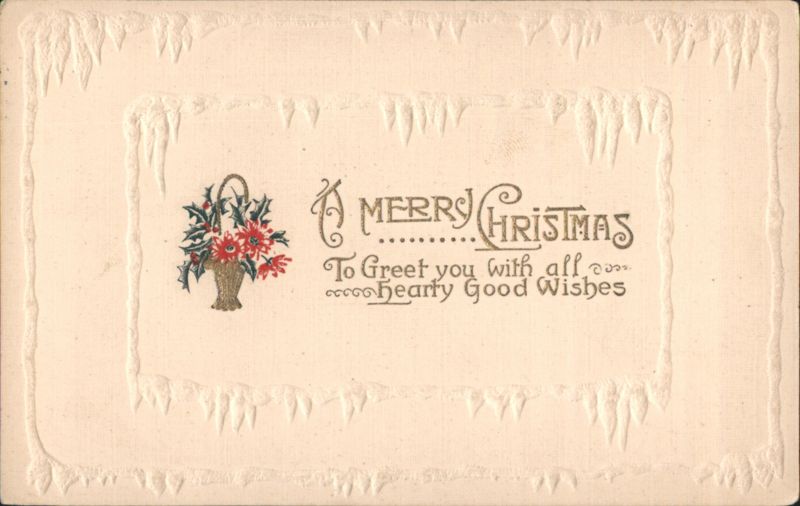 A Merry Christmas Greeting with Floral Basket and Icicle Border