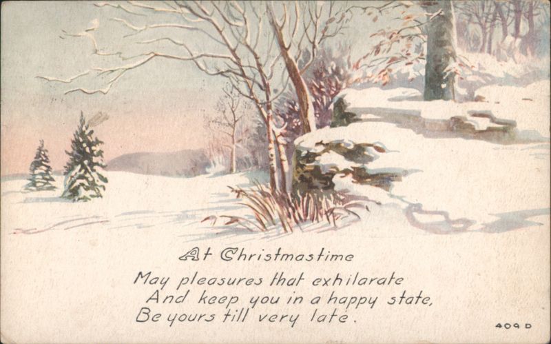 At Christmastime Winter Scene with Snow-Covered Trees and Poetic Greeting