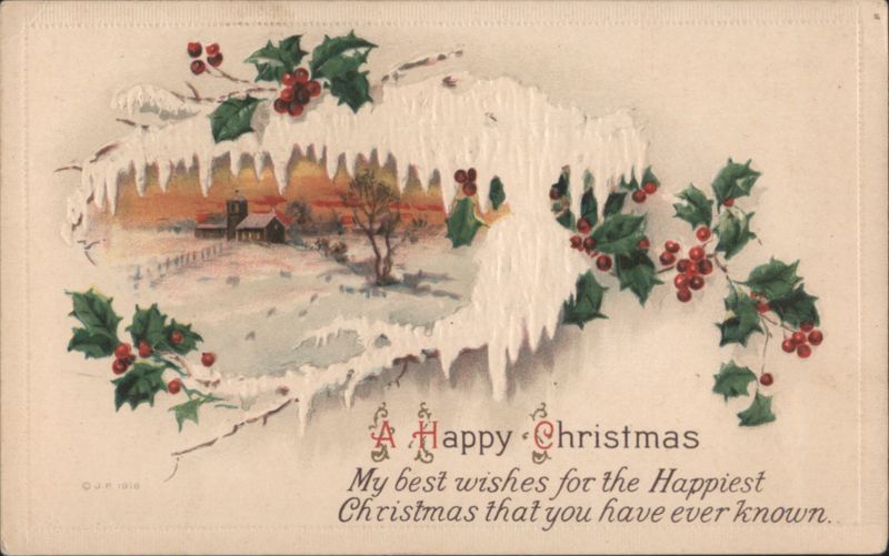 A Happy Christmas Greeting, Snowy Village Scene with Holly & Berries