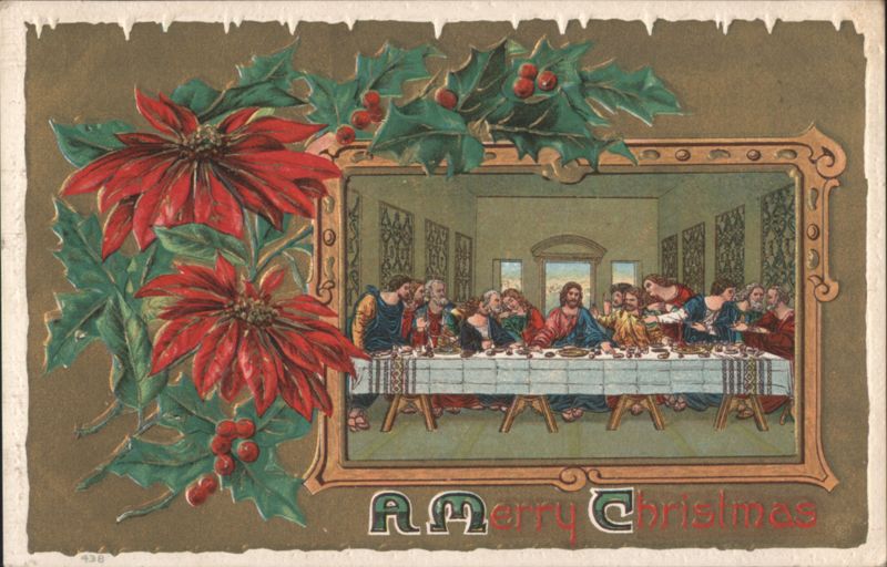 Christmas Greeting with Poinsettias, Holly, and The Last Supper Scene