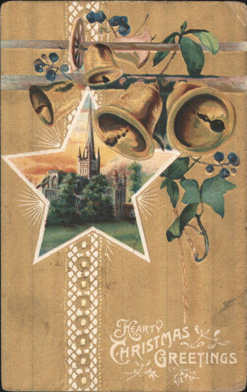Christmas Bells, Holly, and Cathedral in Star Inset with Greetings