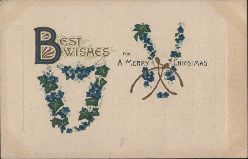 Best Wishes for a Merry Christmas with Decorative Lettering and Blue Flowers