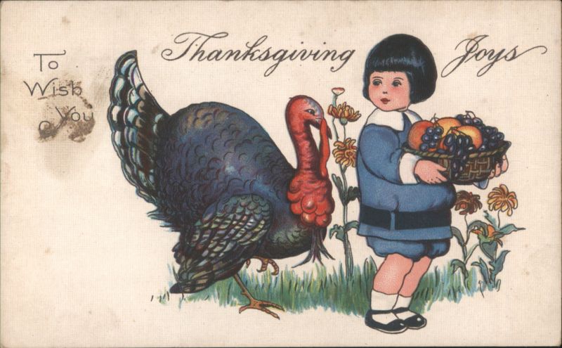 Thanksgiving Joys: Child with Turkey and Fruit Basket