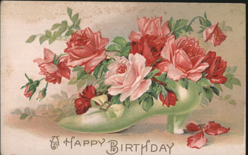 Happy Birthday Greeting with Green High-Heeled Shoe and Roses