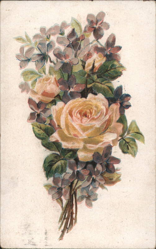 Bouquet of Pink and Yellow Roses and Purple Flowers