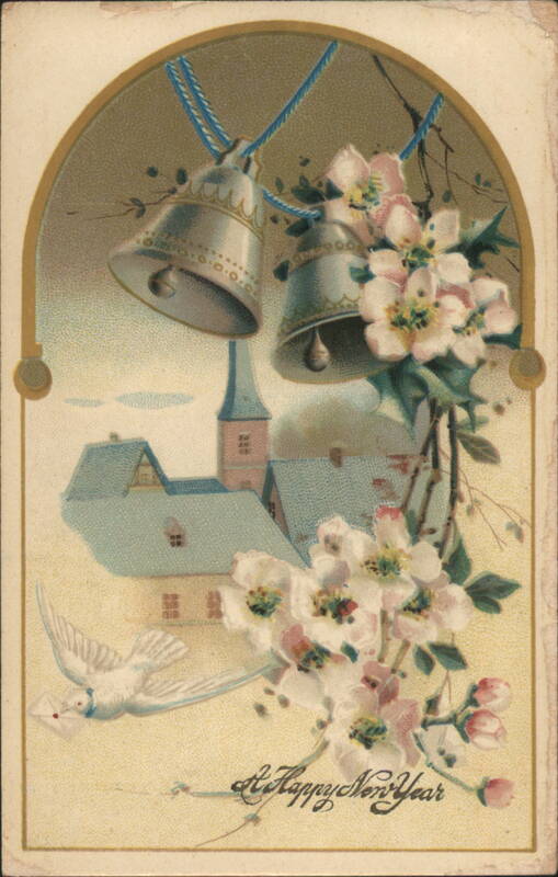 A Happy New Year Greeting with Bells, Flowers, Dove, and Snowy Village