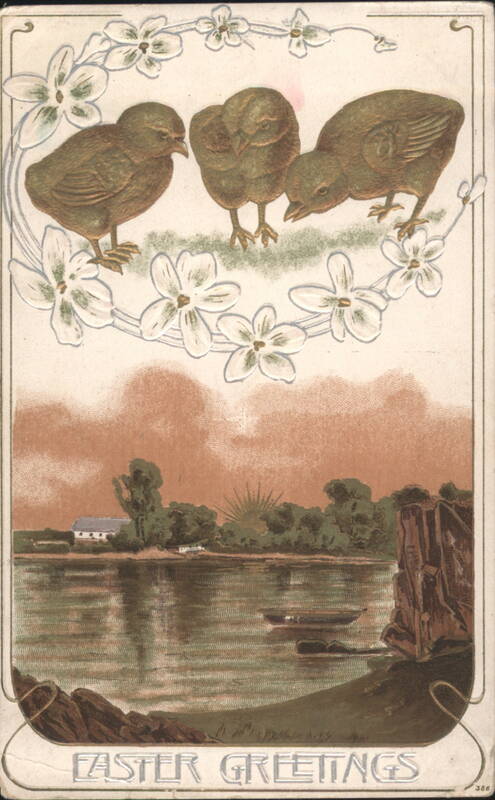 Easter Greetings with Chicks and Floral Wreath, Lake and Sunrise Landscape