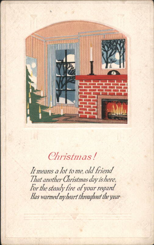 Christmas Fireplace Scene with Tree and Holiday Poem
