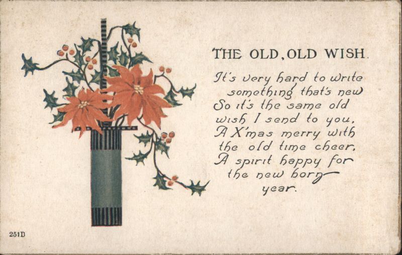 Christmas Greeting with Poinsettias and Holly, 'The Old, Old Wish' Poem