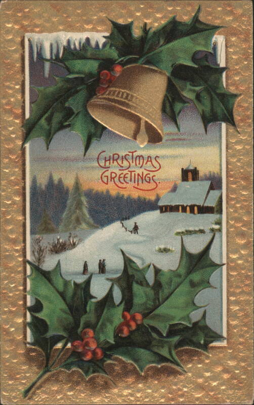 Christmas Greetings, Holly, Bell, Snowy Church, and Figures