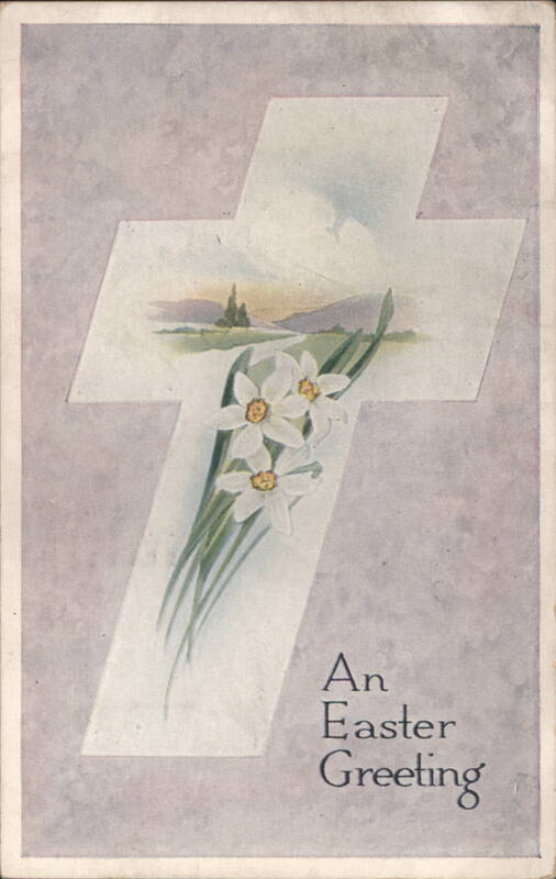 An Easter Greeting Cross with Daffodils and Scenic Landscape
