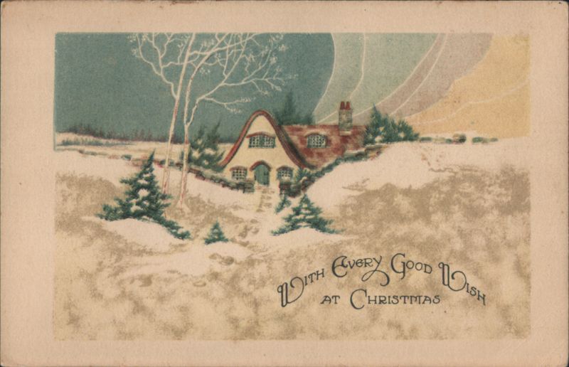 Snow-Covered Cottage with Christmas Greeting