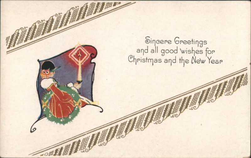 Sincere Greetings Christmas New Year Boy with Lantern Art Nouveau