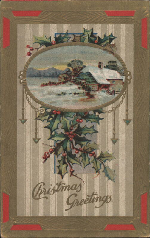 Christmas Greetings Watermill Winter Scene with Holly Berries