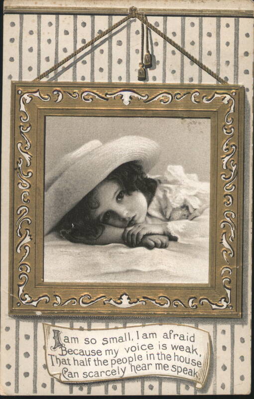Child in Large Hat with Poem, Ornate Frame, 'I am so small, I am afraid'