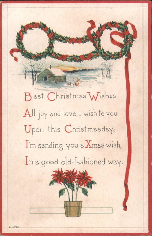 Best Christmas Wishes, Winter Scene with House, Holly Wreath, Poinsettias