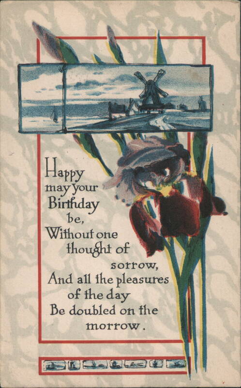 Happy Birthday Greeting with Windmill and Iris Flower