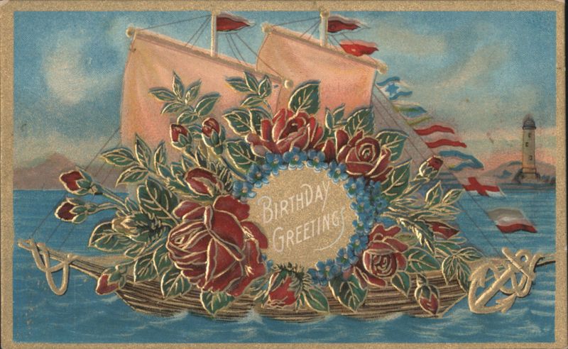 Birthday Greetings Sailboats with Red Roses Wreath and Lighthouse