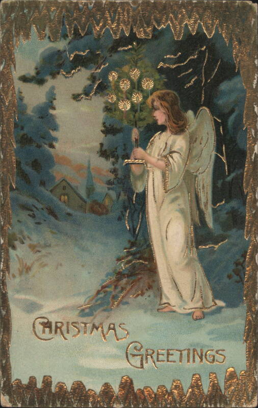 Angel with Christmas Tree in Snowy Landscape, Christmas Greetings