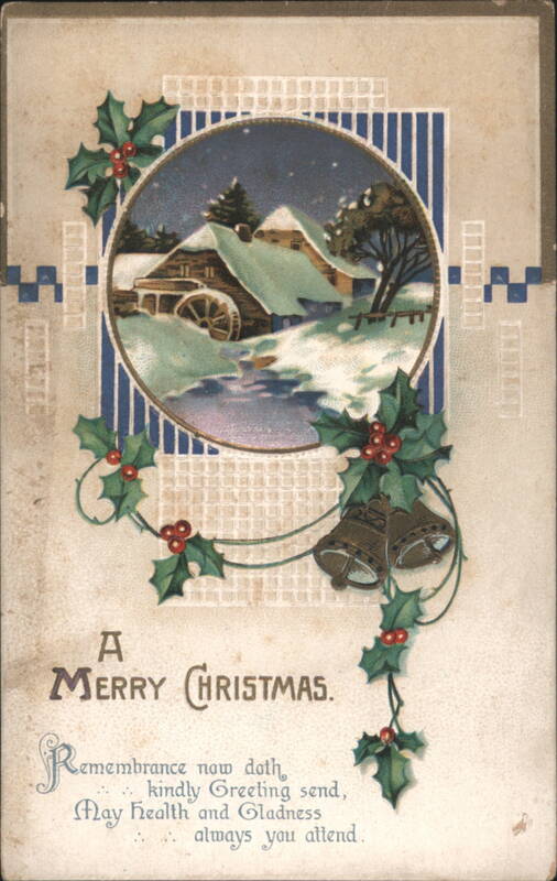 Merry Christmas Winter Mill Scene with Holly and Bells