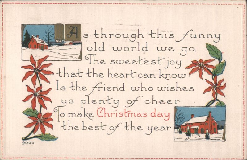 Christmas Greeting with Winter Scene, Houses, and Poinsettias