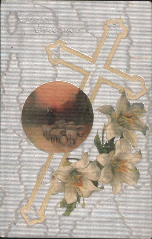 Easter Greetings, Embossed Cross with Lilies, Shepherd and Lambs