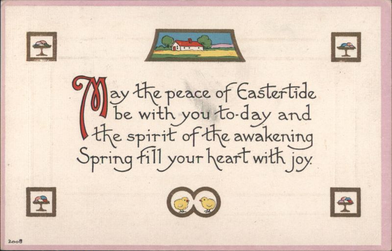 Easter Greeting with Chicks, Eggs, and Spring Landscape