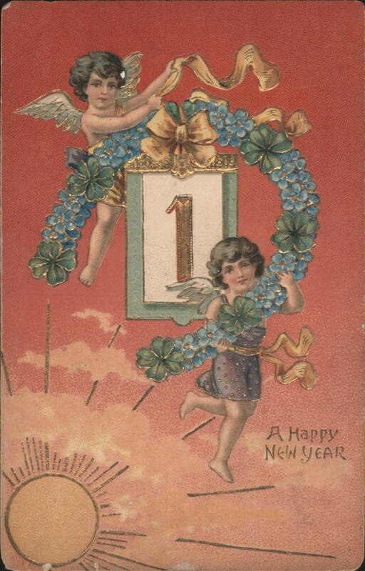 New Year's Greeting with Cherubs, Floral Garland, and Number 1
