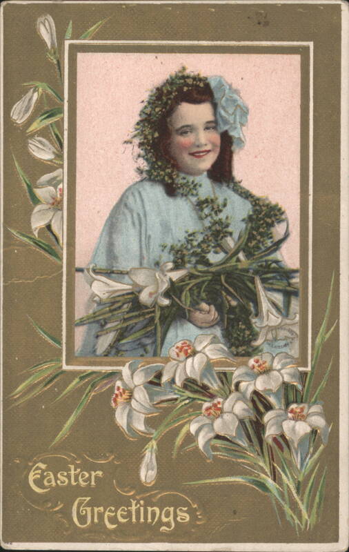 Young Girl with Flower Wreath and Lilies, Easter Greetings