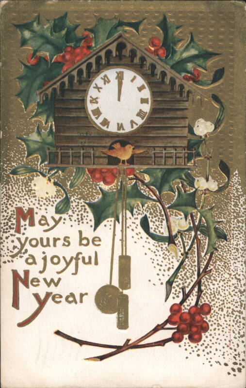 New Year's Cuckoo Clock with Holly and Berries Greeting